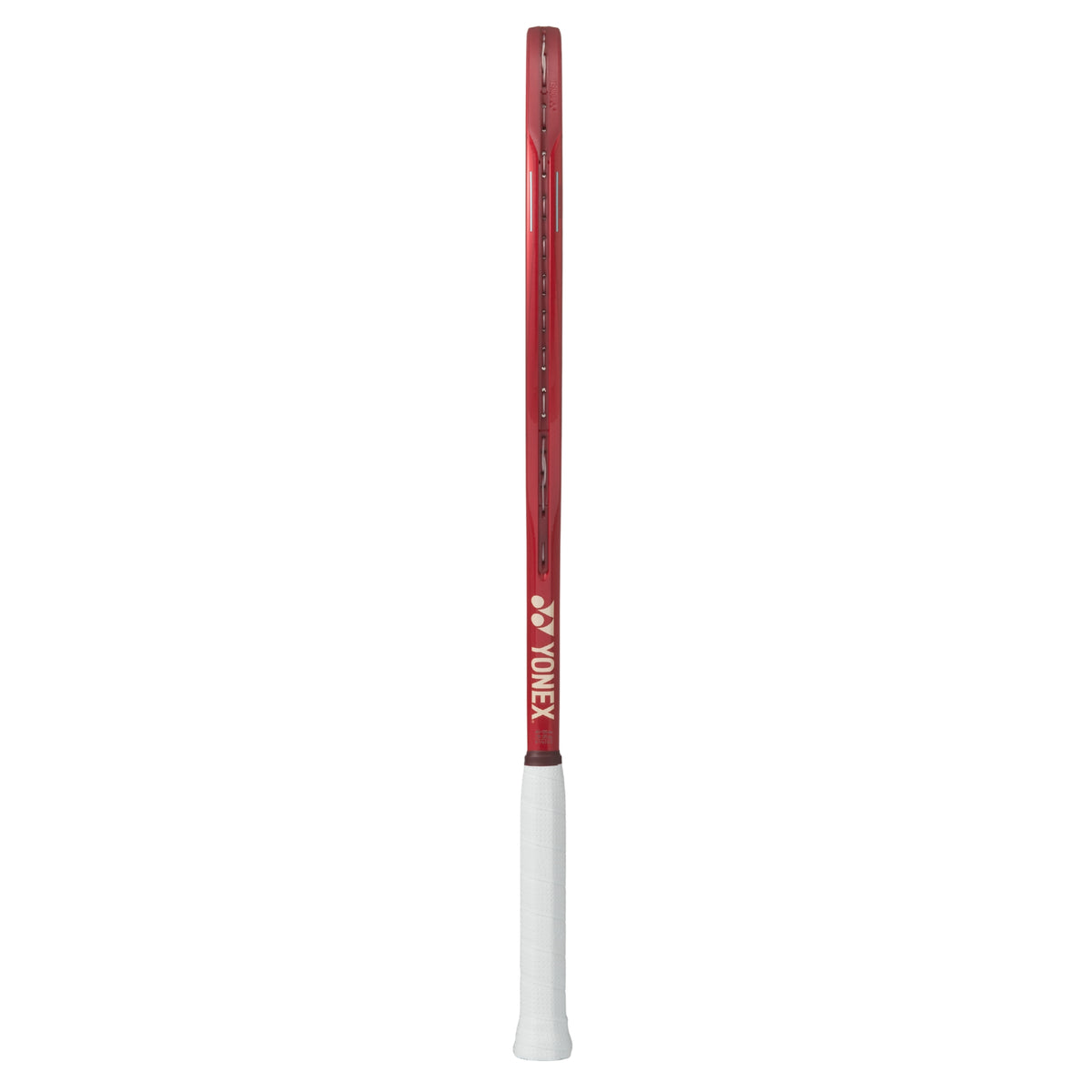 Yonex Red tennis racket with white strings on a white background