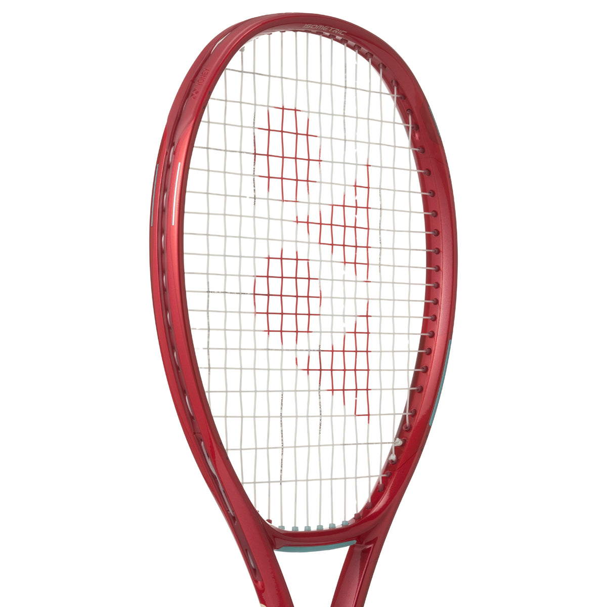 Yonex Red tennis racket with white strings on a white background