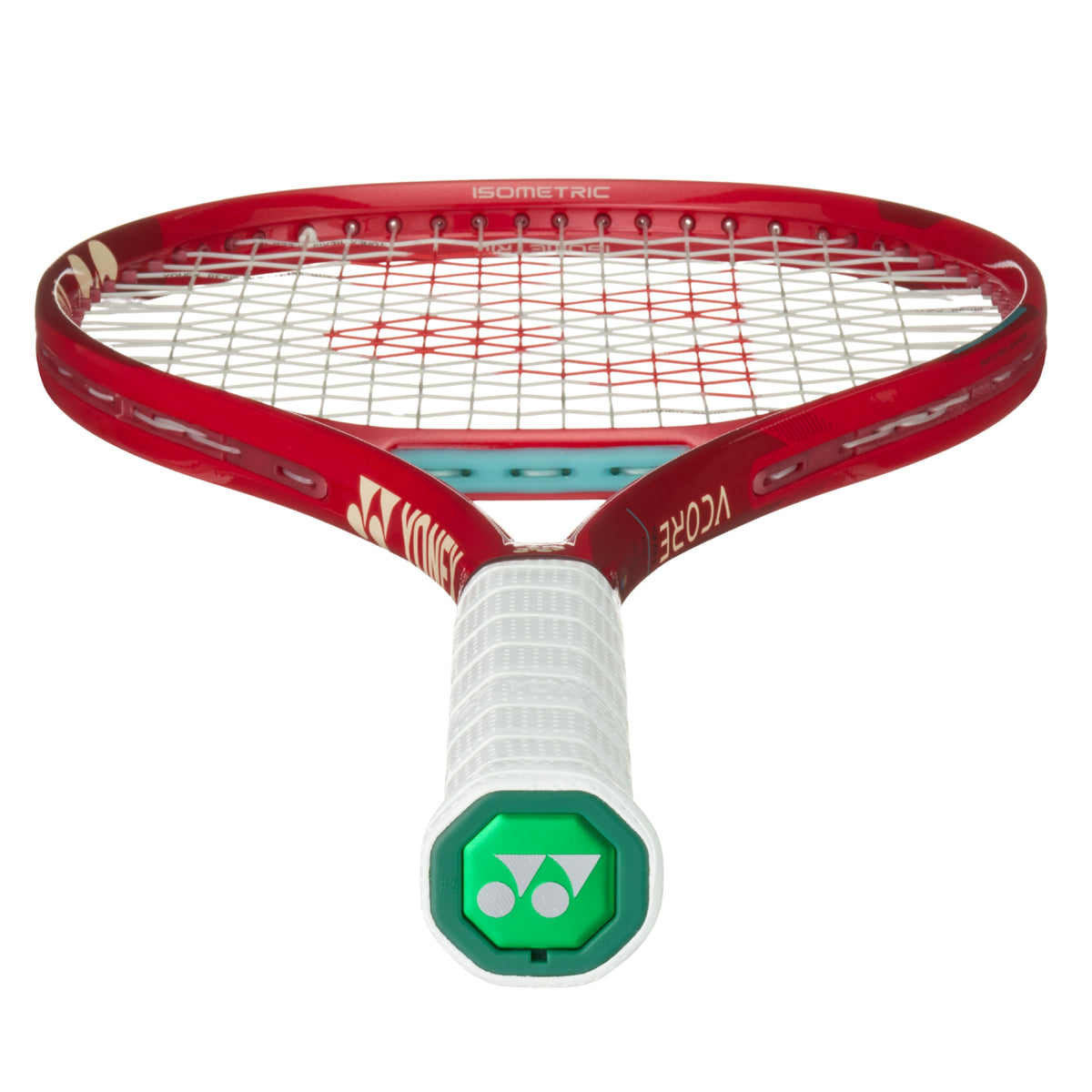 Red tennis racket with a white handle featuring Yonex branding on a white background