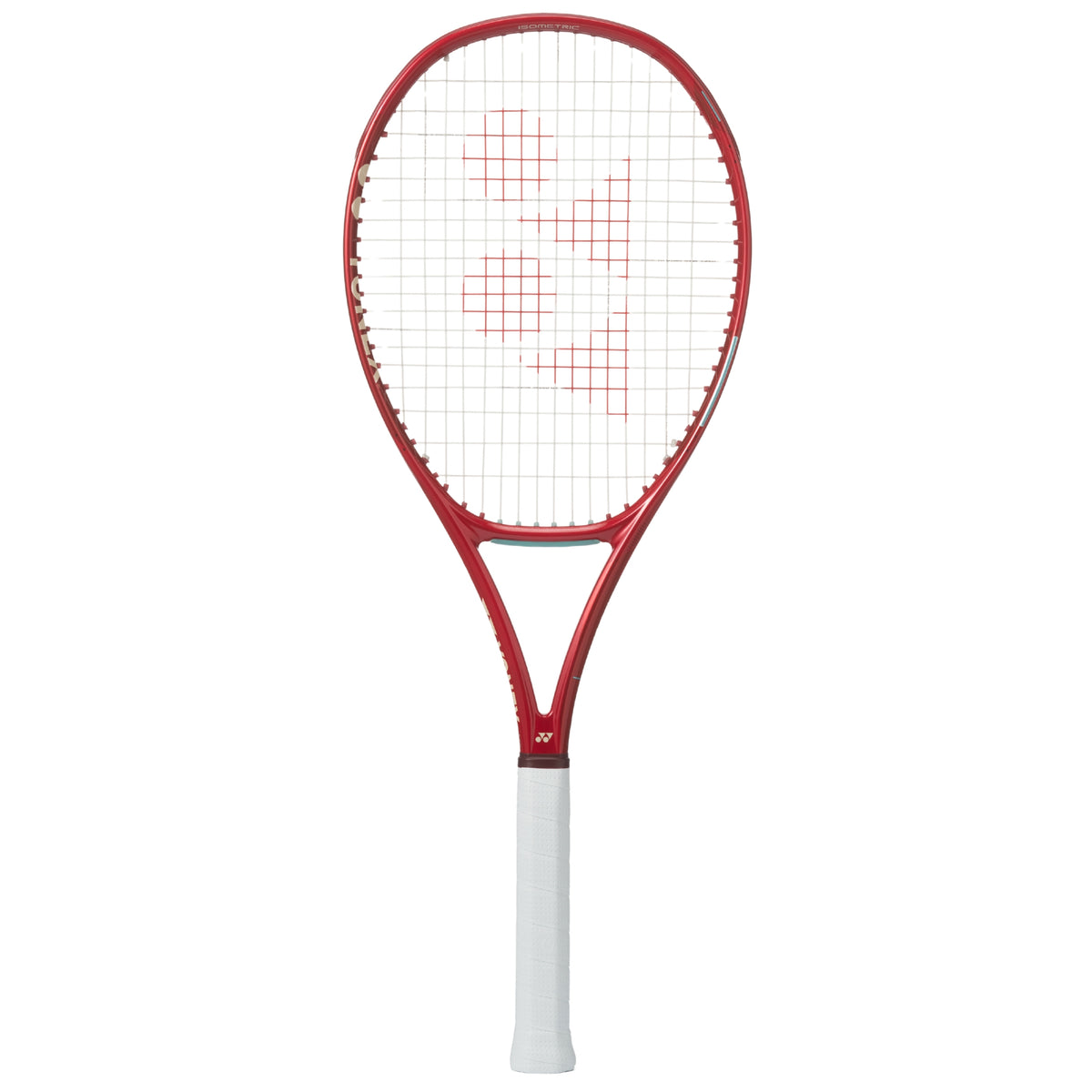 Red and white Yonex tennis racket on a white background