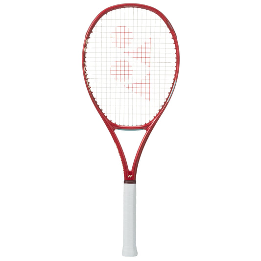 Red and white Yonex tennis racket on a white background
