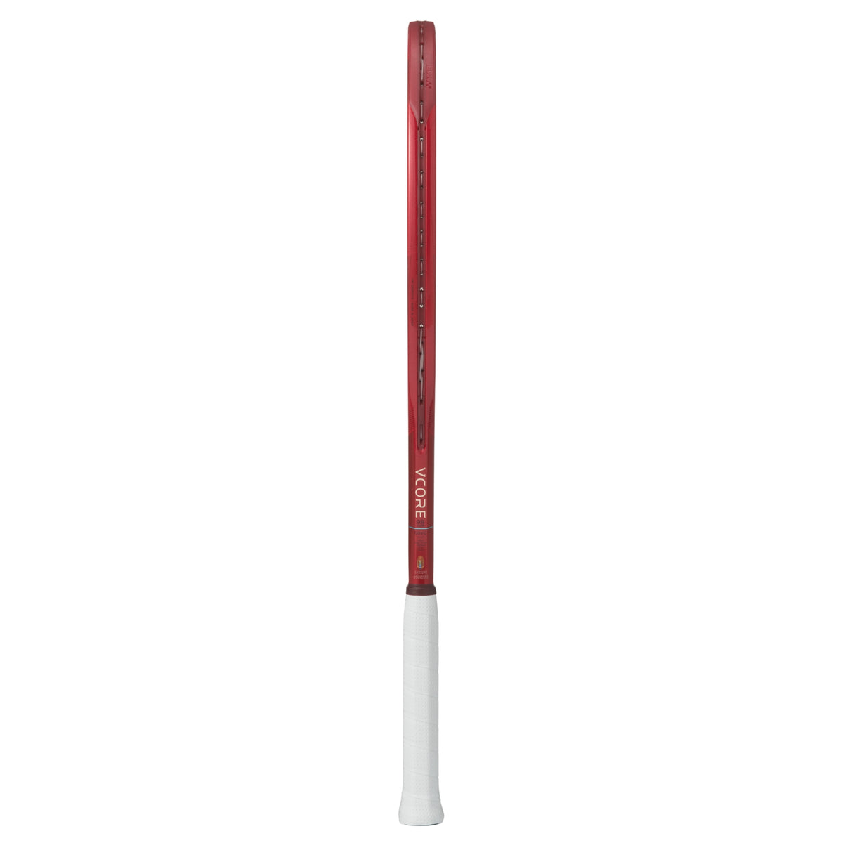Red and white tennis racket on a white background
