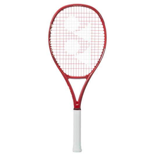 Yonex Red tennis racket with white handle on a white background