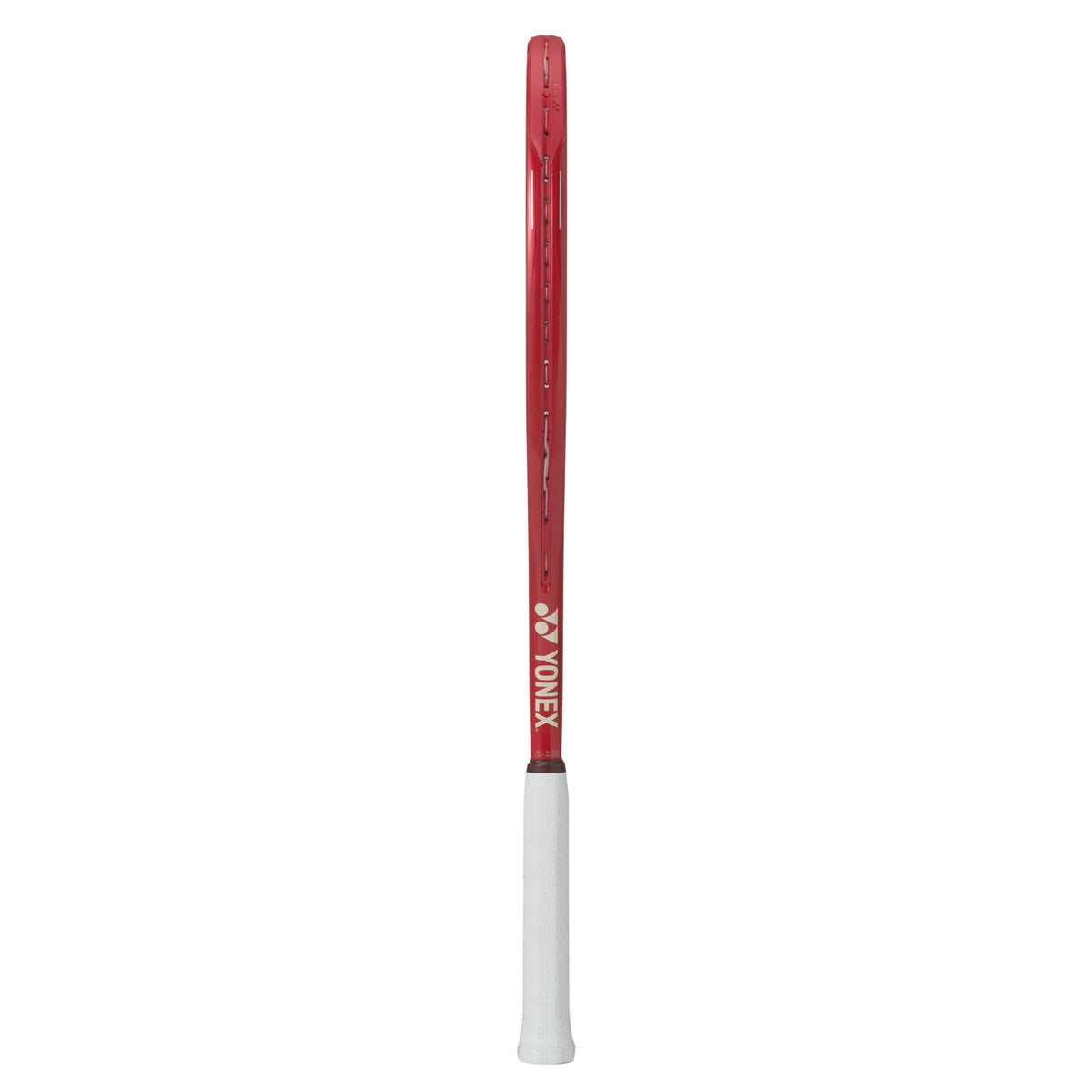 Red tennis racket with white handle on a white background