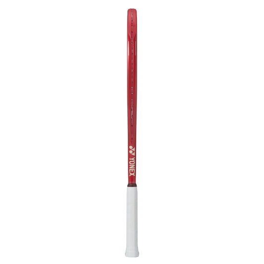 Red tennis racket with white handle on a white background