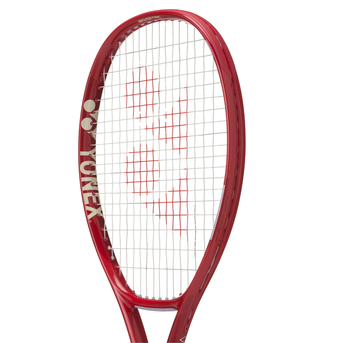Red tennis racket with Yonex branding on a white background