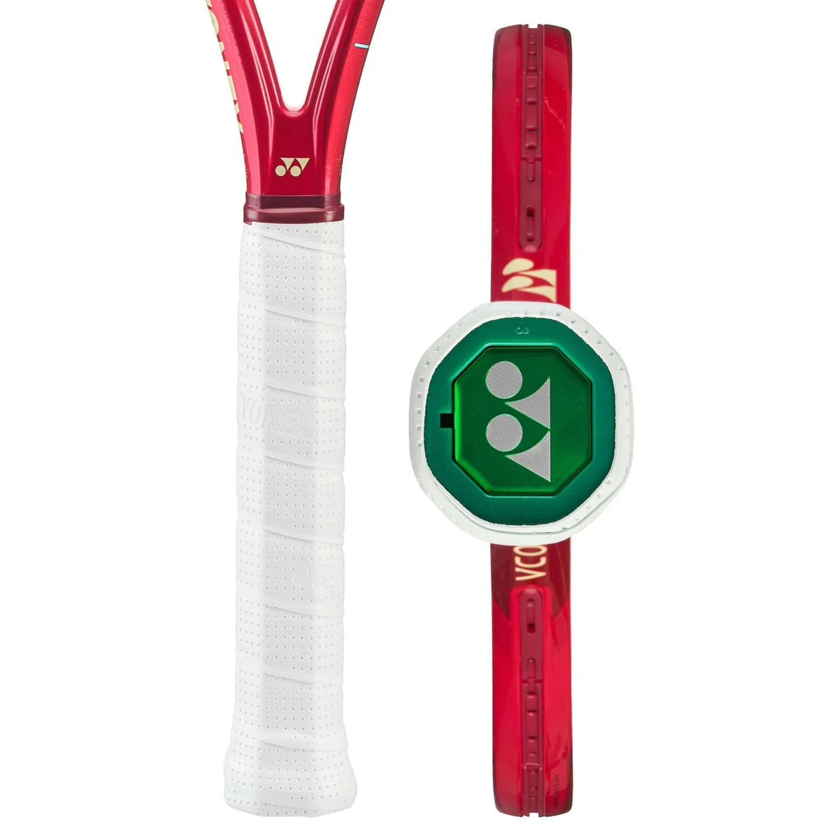 Red tennis racket with a white handle on a white background