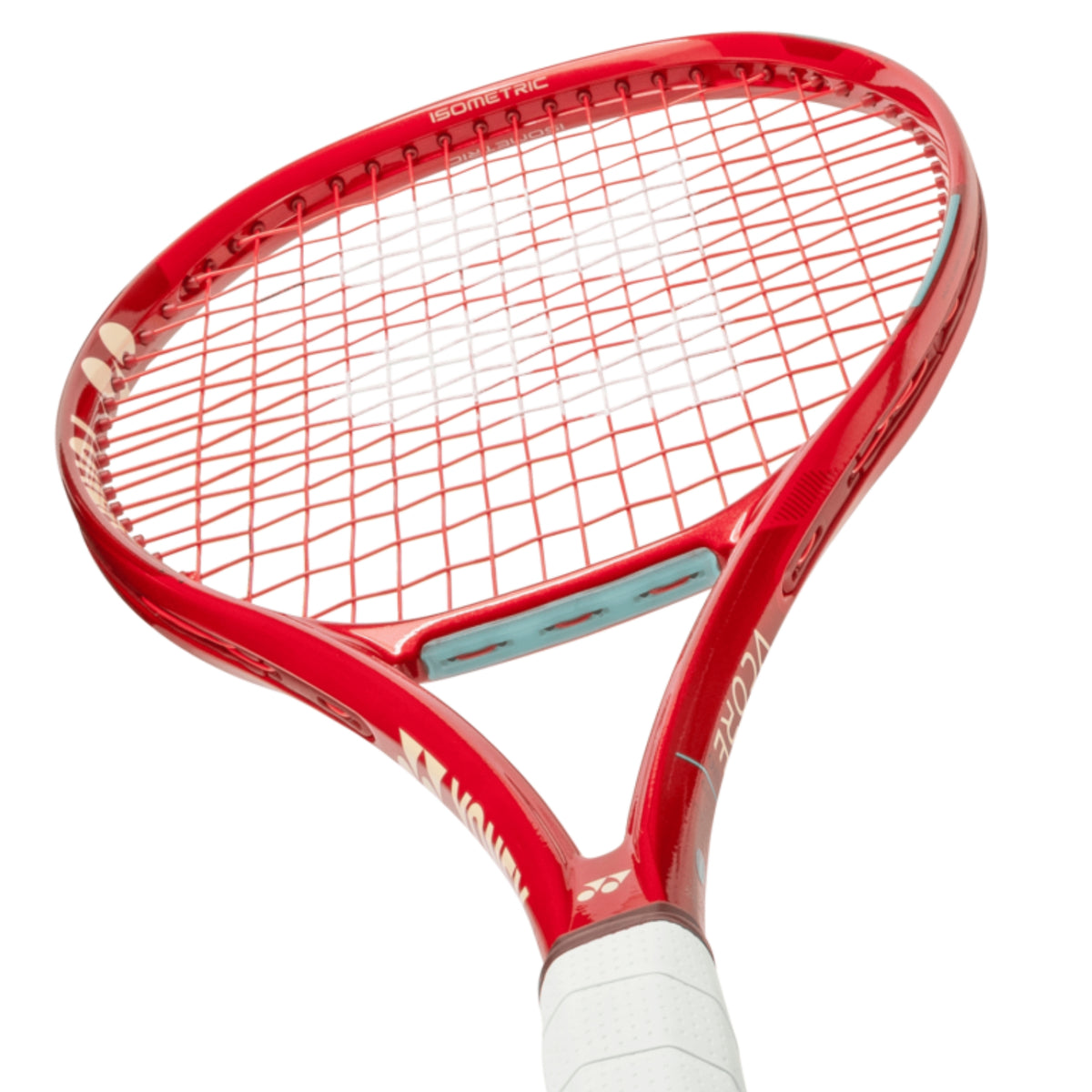 Red tennis racket with white strings on a white background