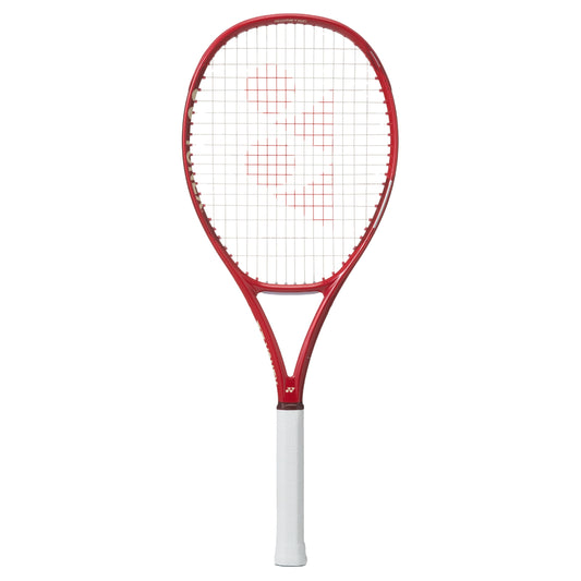 Red Yonex tennis racket with white handle on a white background