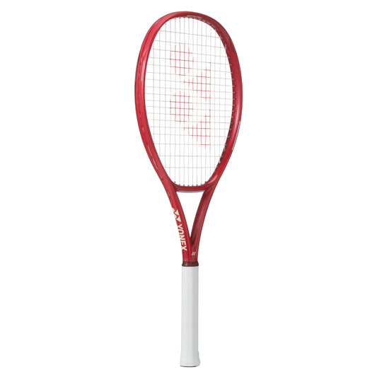 Red tennis racket with white handle on a white background
