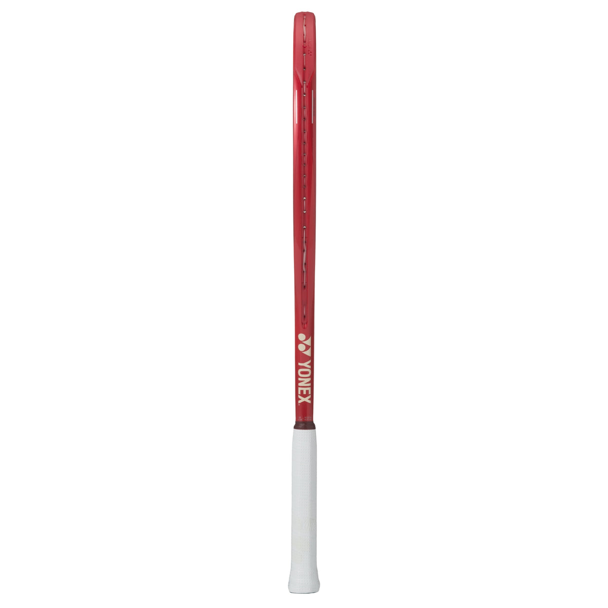 Red tennis racket with white handle on a white background