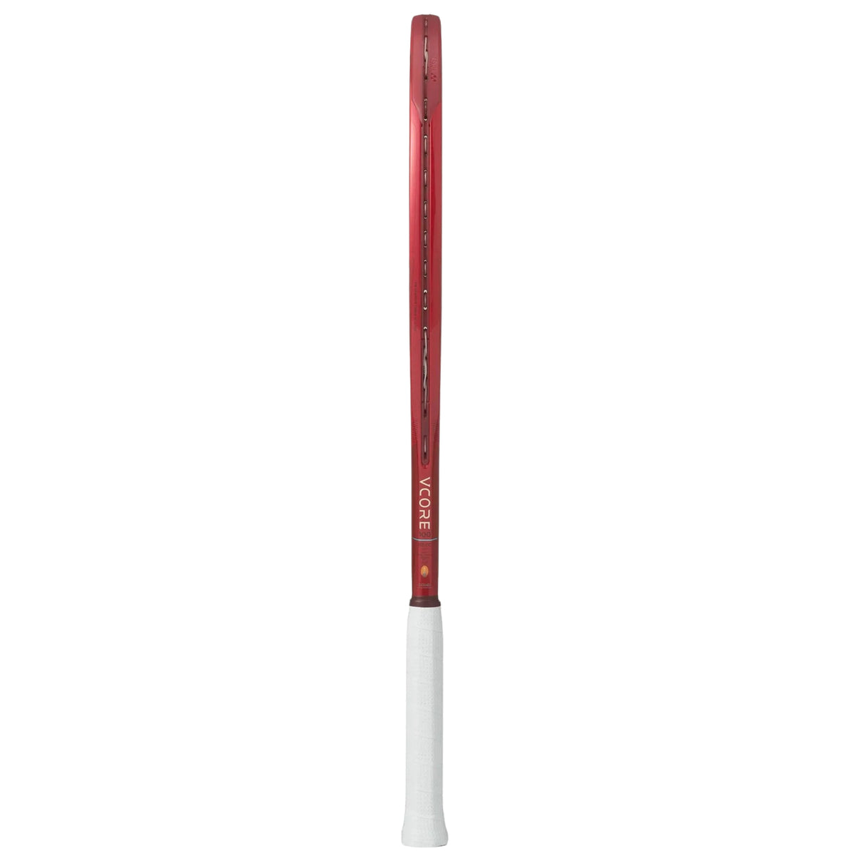 Red tennis racket with white handle on a white background