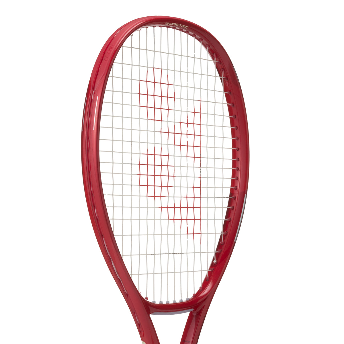Red tennis racket with white handle on a white background