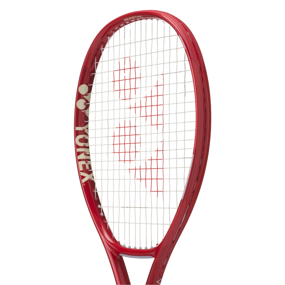 Red tennis racket with white handle on a white background