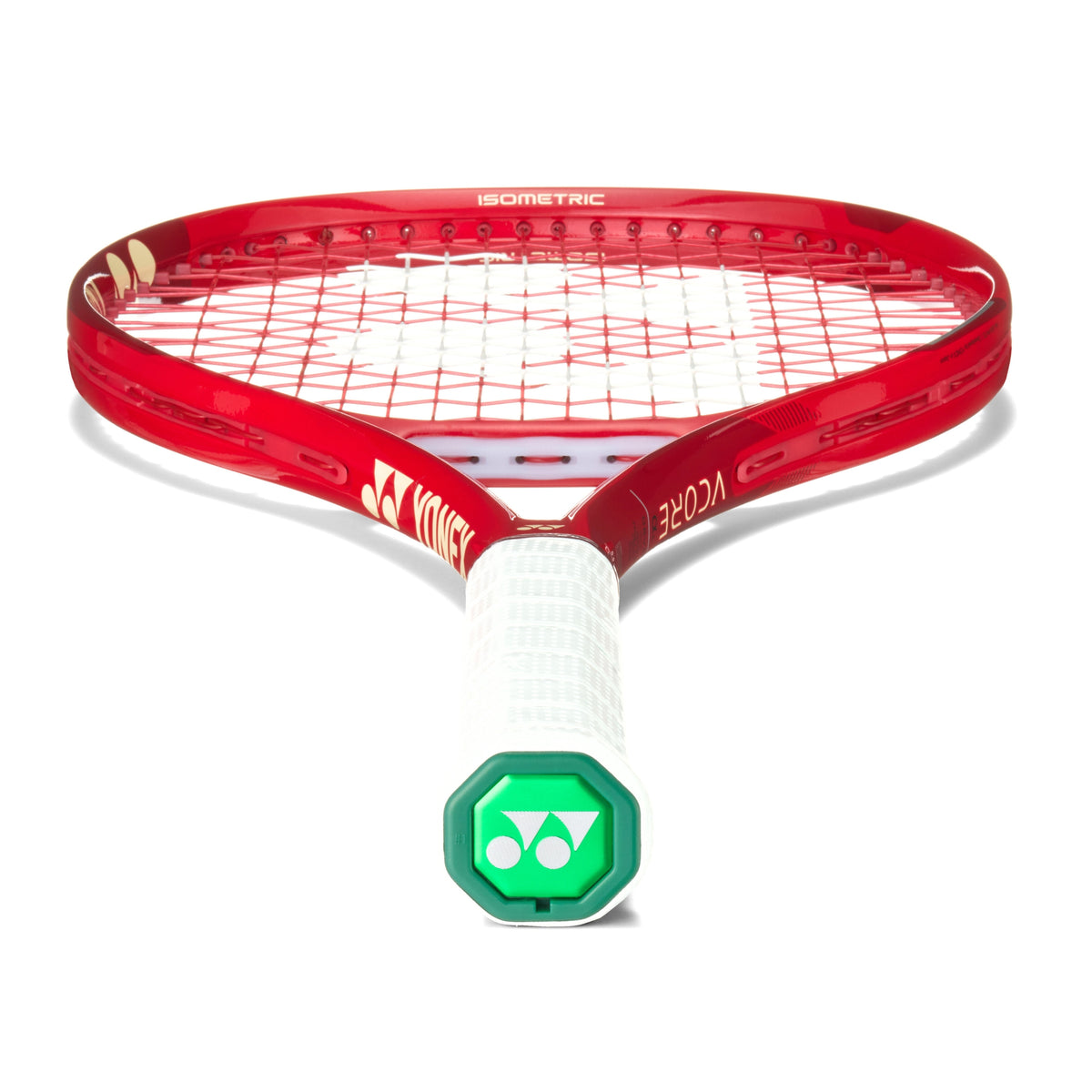 Red tennis racket with white strings on a white background