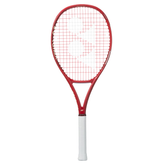 Red Yonex tennis racket with white handle on a white background