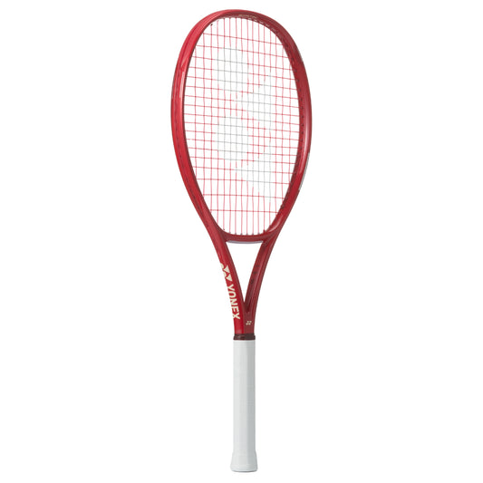 Red tennis racket with white handle on a white background
