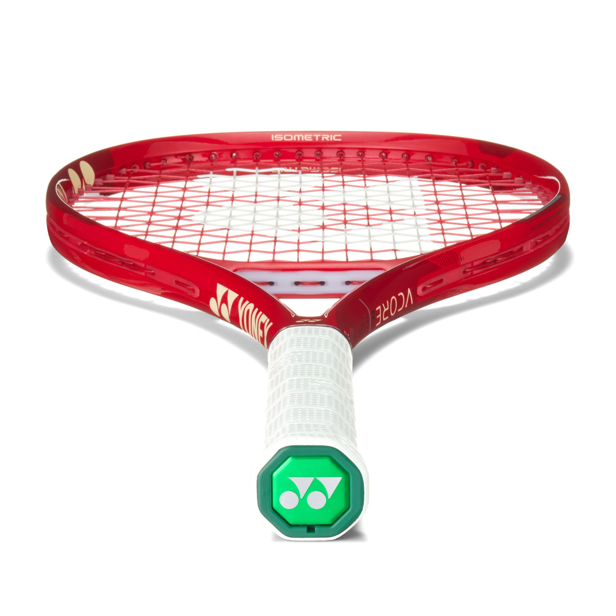 Red tennis racket with white strings on a white background