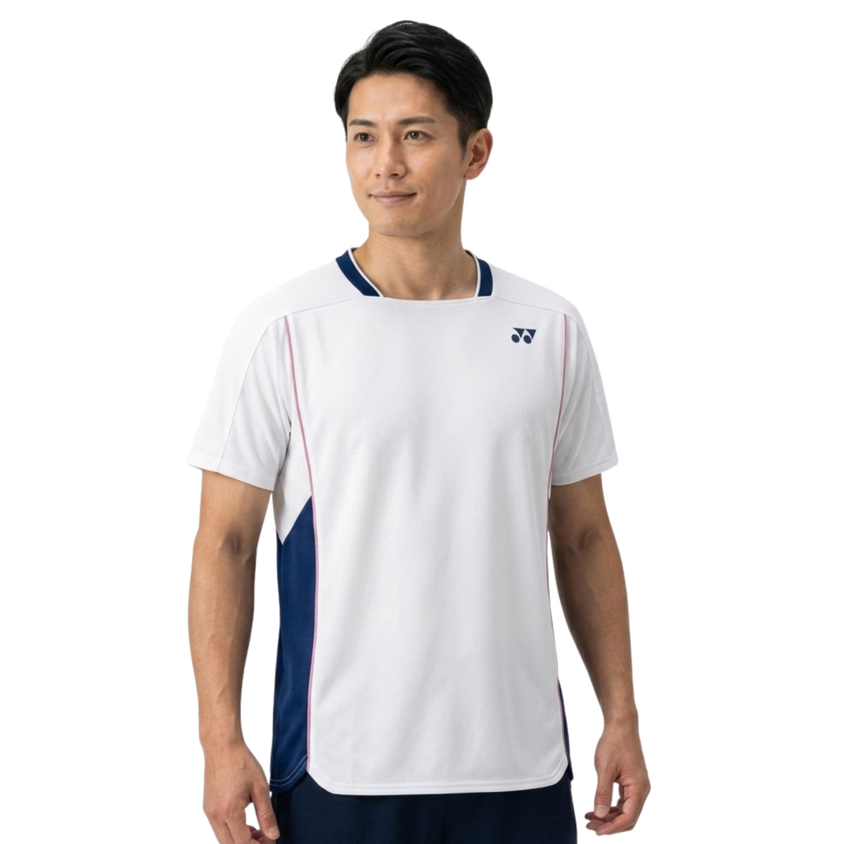 Man wearing a white Yonex shirt with a logo on a white background