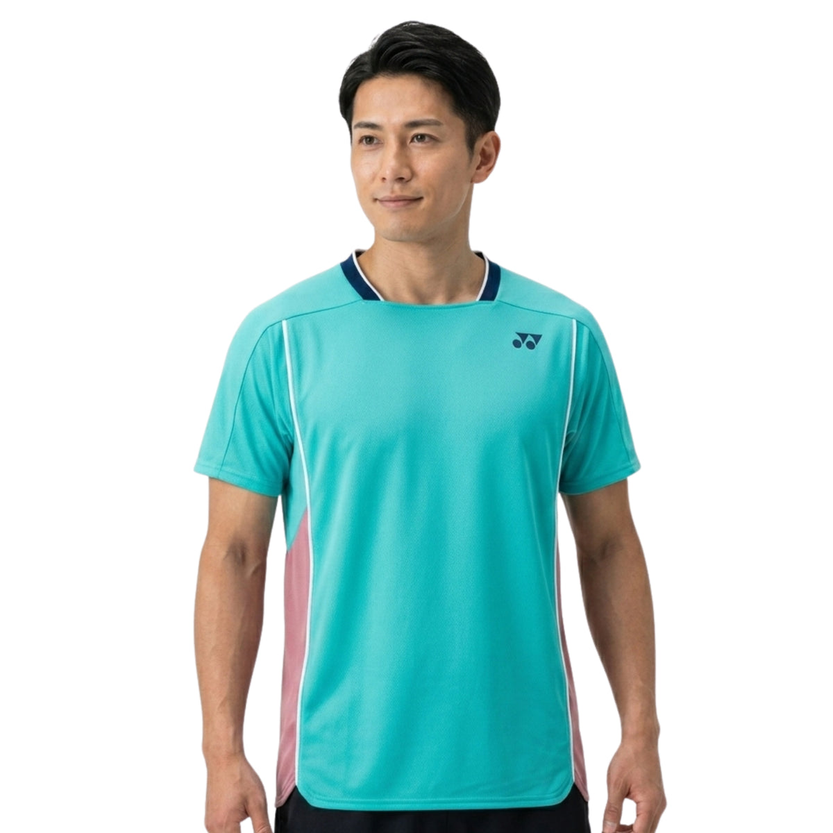 Man wearing a turquoise Yonex shirt shirt with a logo on a white background