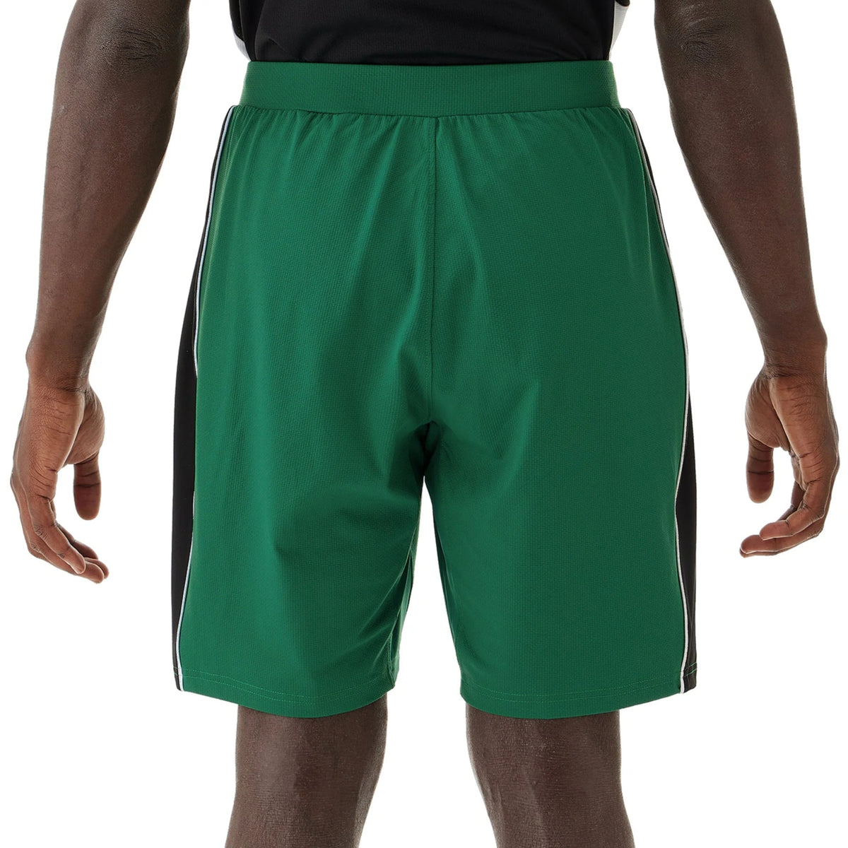 Green shorts with black stripes on a white background