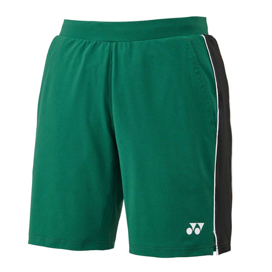 Green shorts with a black side stripe on a white background