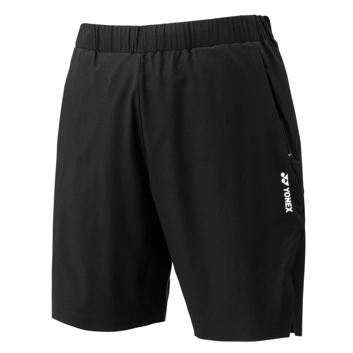 Black shorts with a brand logo on a white background