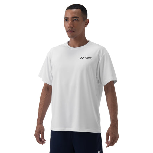 Man wearing a white Yonex t-shirt on a white background