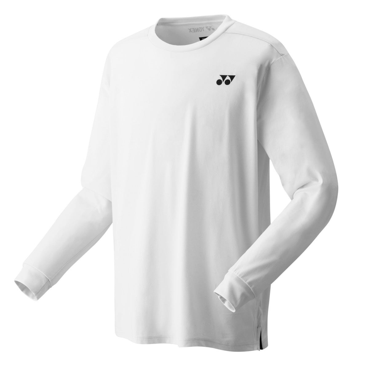 White long-sleeve shirt with a logo on a white background