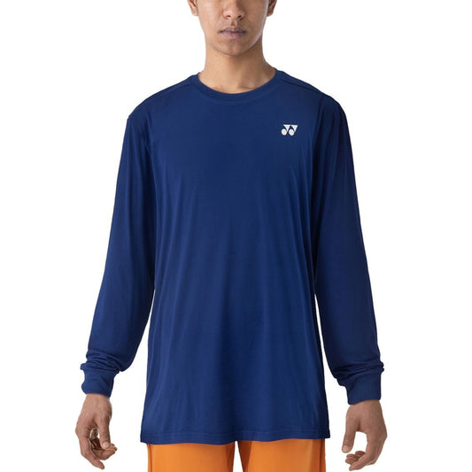Person wearing a blue long-sleeve shirt with a logo on a white background