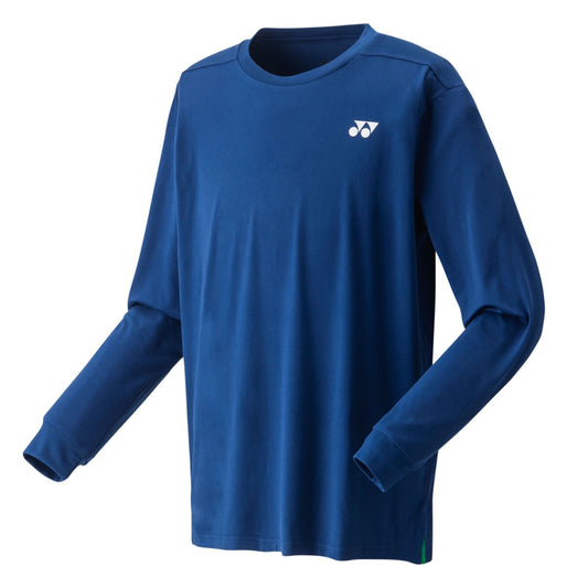 Blue long-sleeve shirt with a logo on a white background