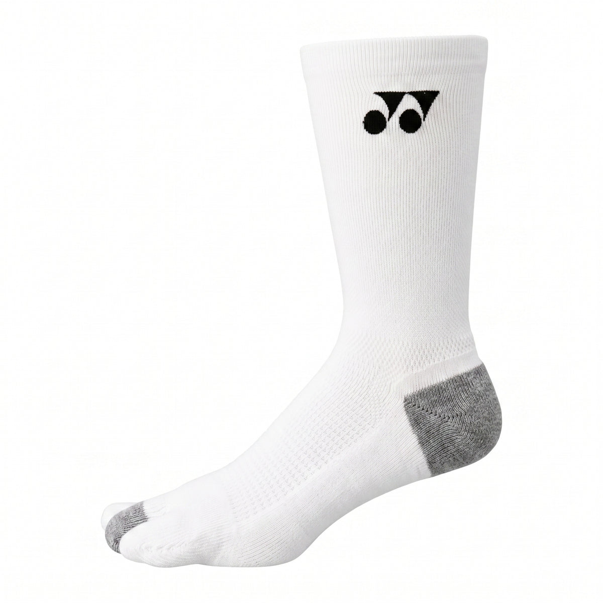 White sock with gray toes and heels on a white background