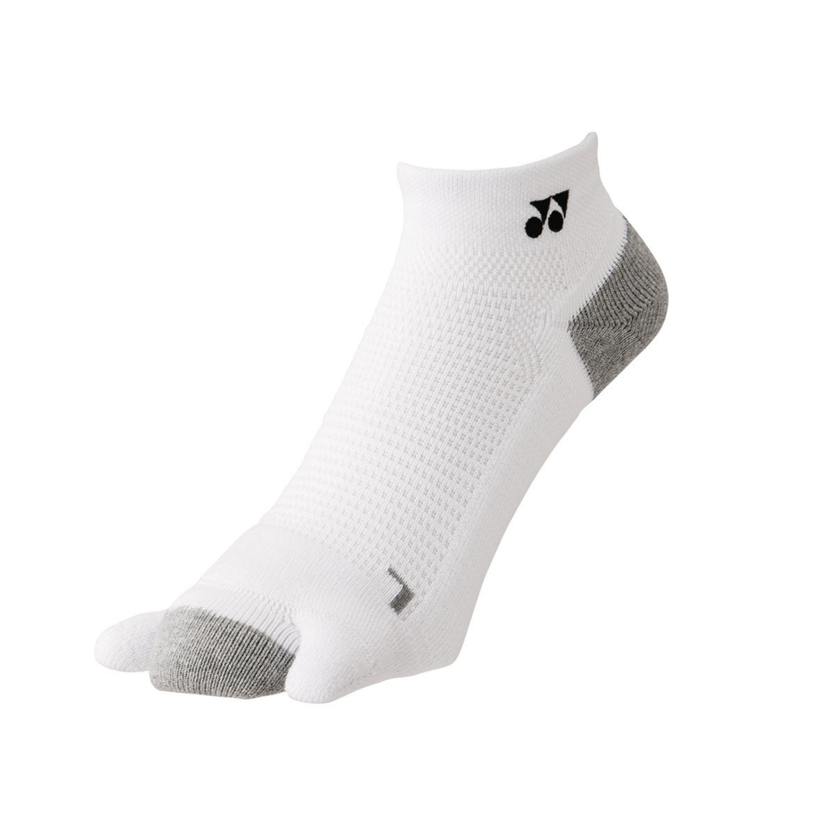 White Yonex ankle sock with gray toes and heels on a white background