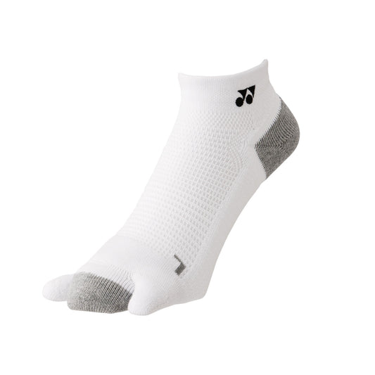 White Yonex ankle sock with gray toes and heels on a white background