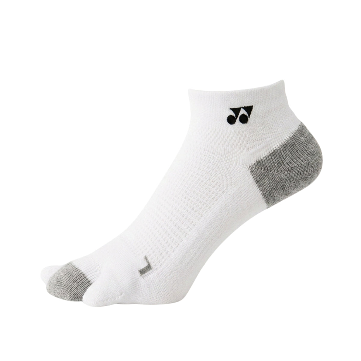 White Yonex ankle sock with gray toes and heels on a white background