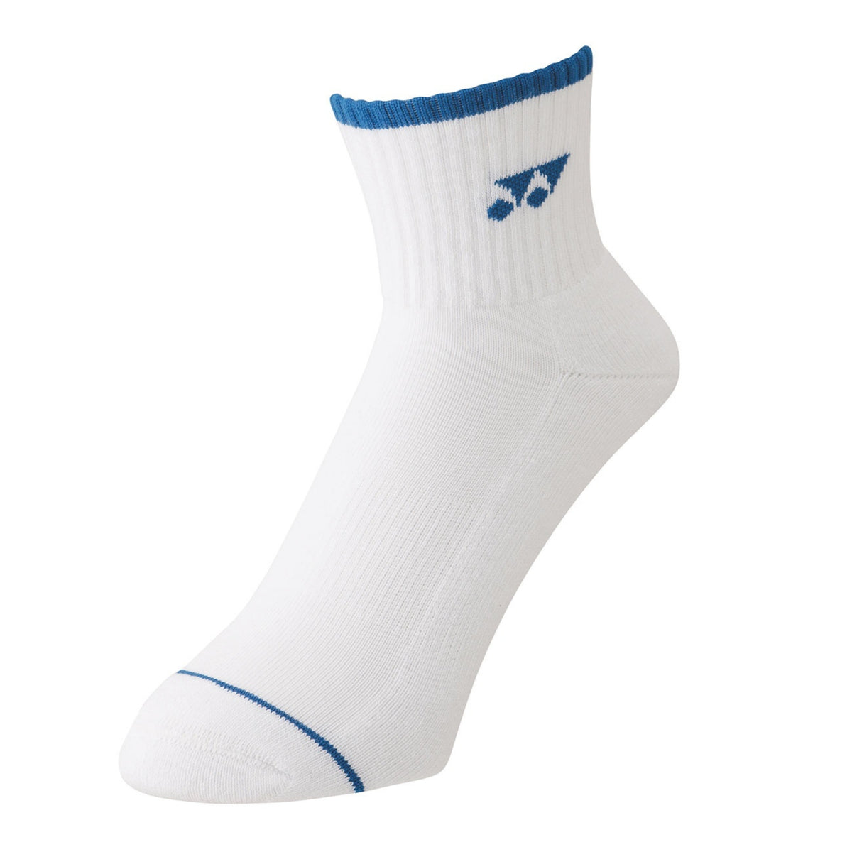 White sock with blue trim on a white background