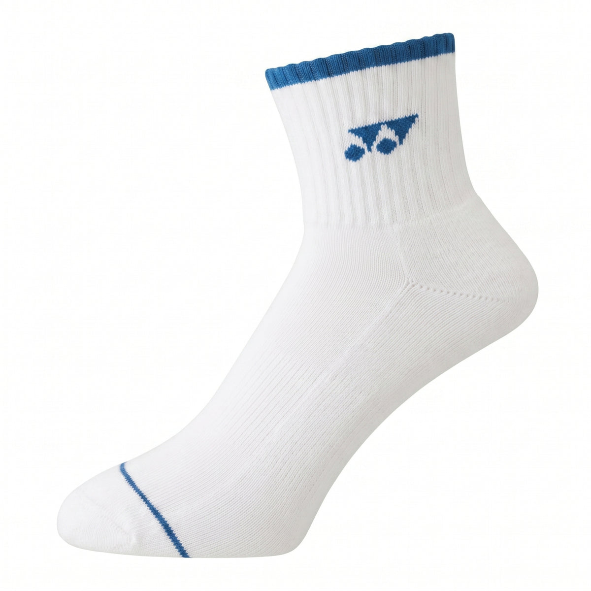 White sock with blue trim and logo on a white background