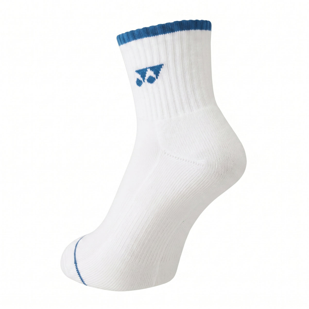 White sock with blue trim on a white background