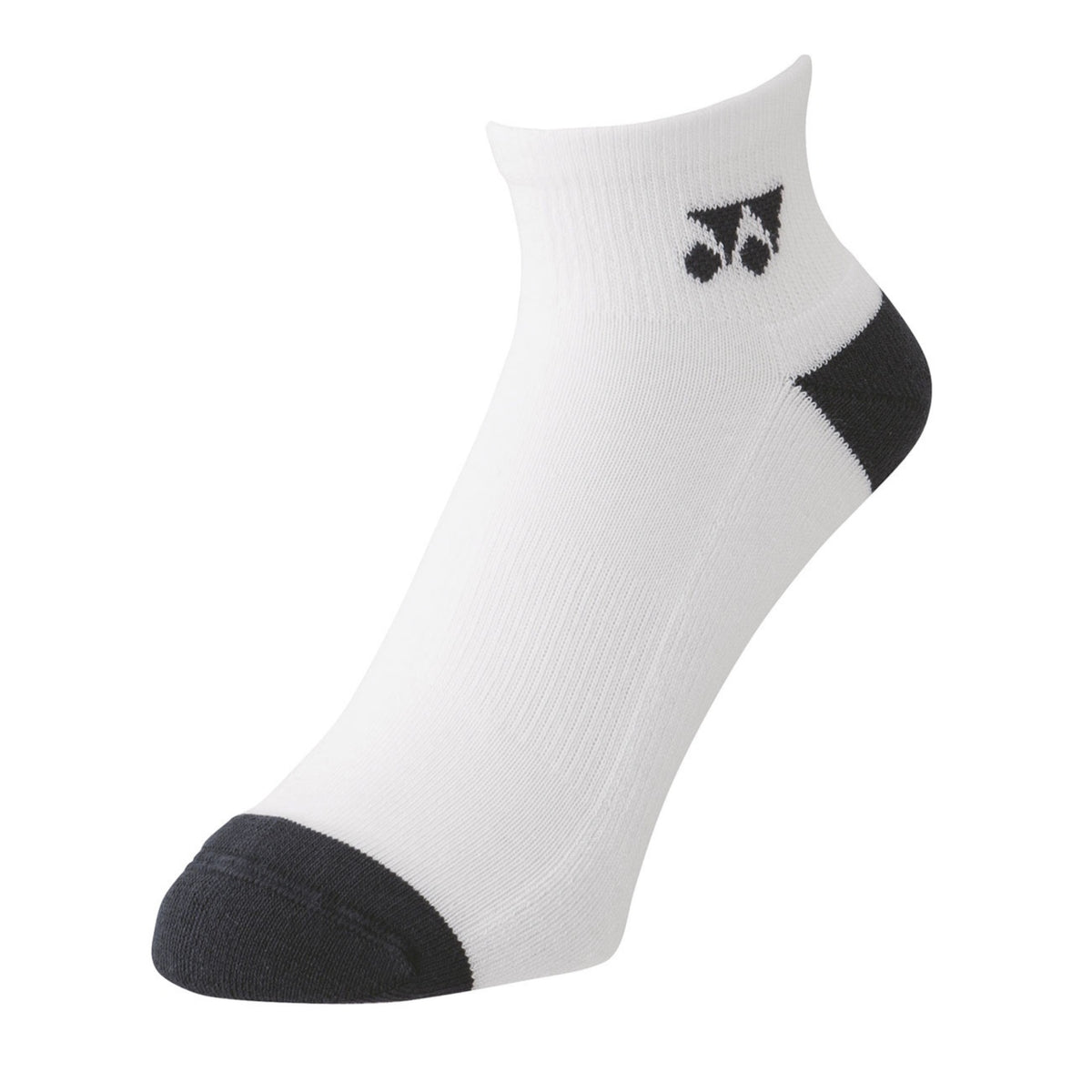 White ankle sock with black accents on a white background