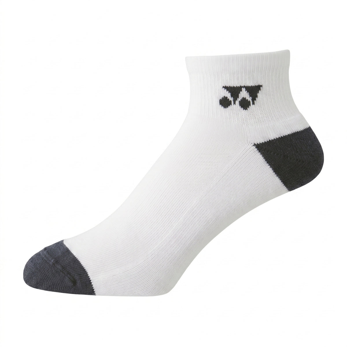 White ankle sock with black accents on a white background