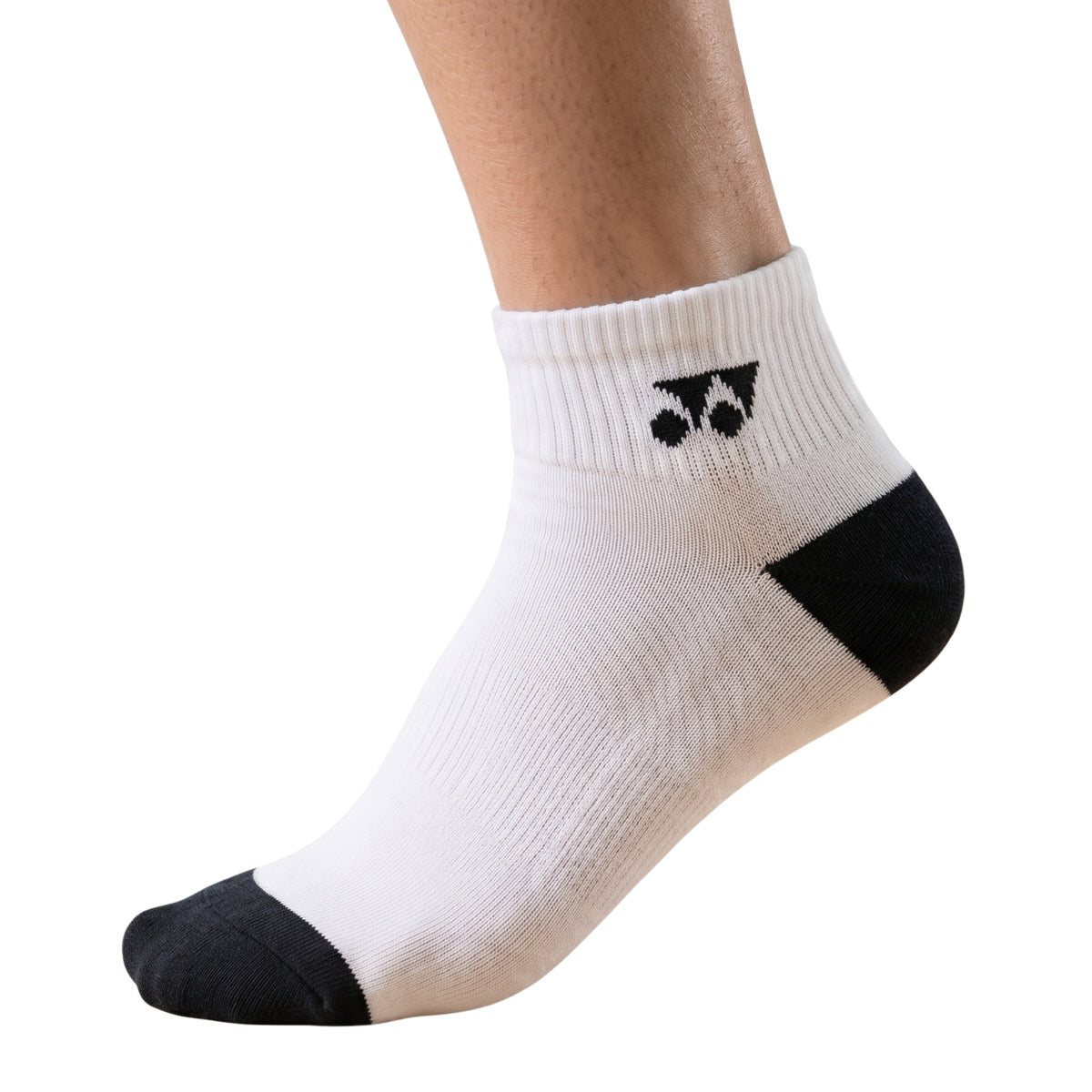 Person wearing White ankle sock with black accents on a white background