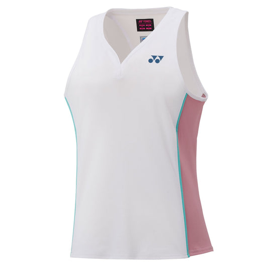White sleeveless shirt with pink and blue accents on a white background