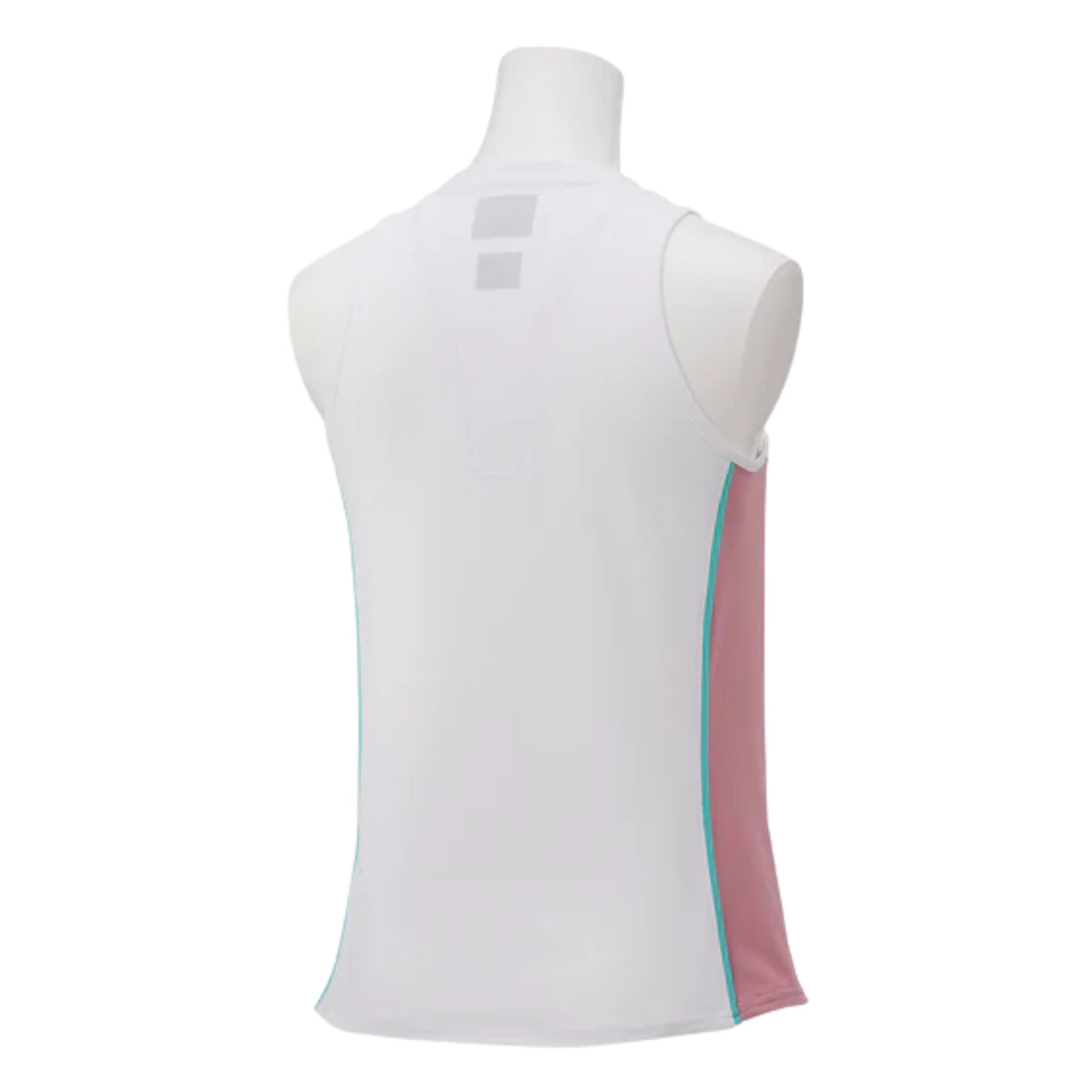 White sleeveless top with pink and green accents on a mannequin against a white background