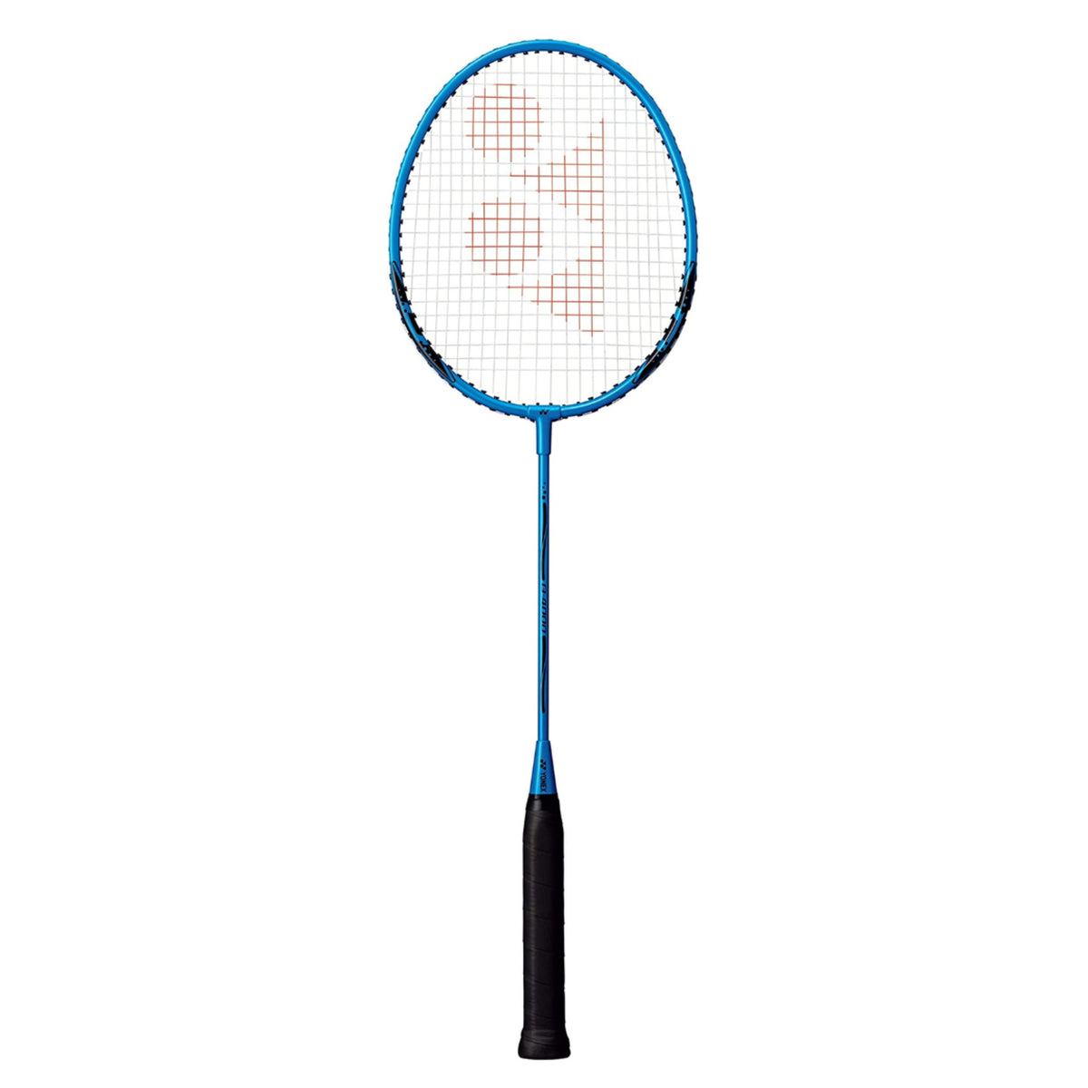 Blue badminton racket on a white background