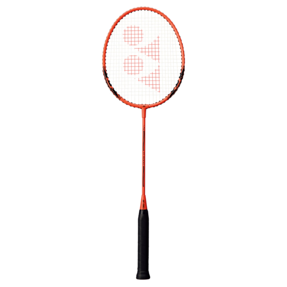 Orange and black badminton racket on a white background