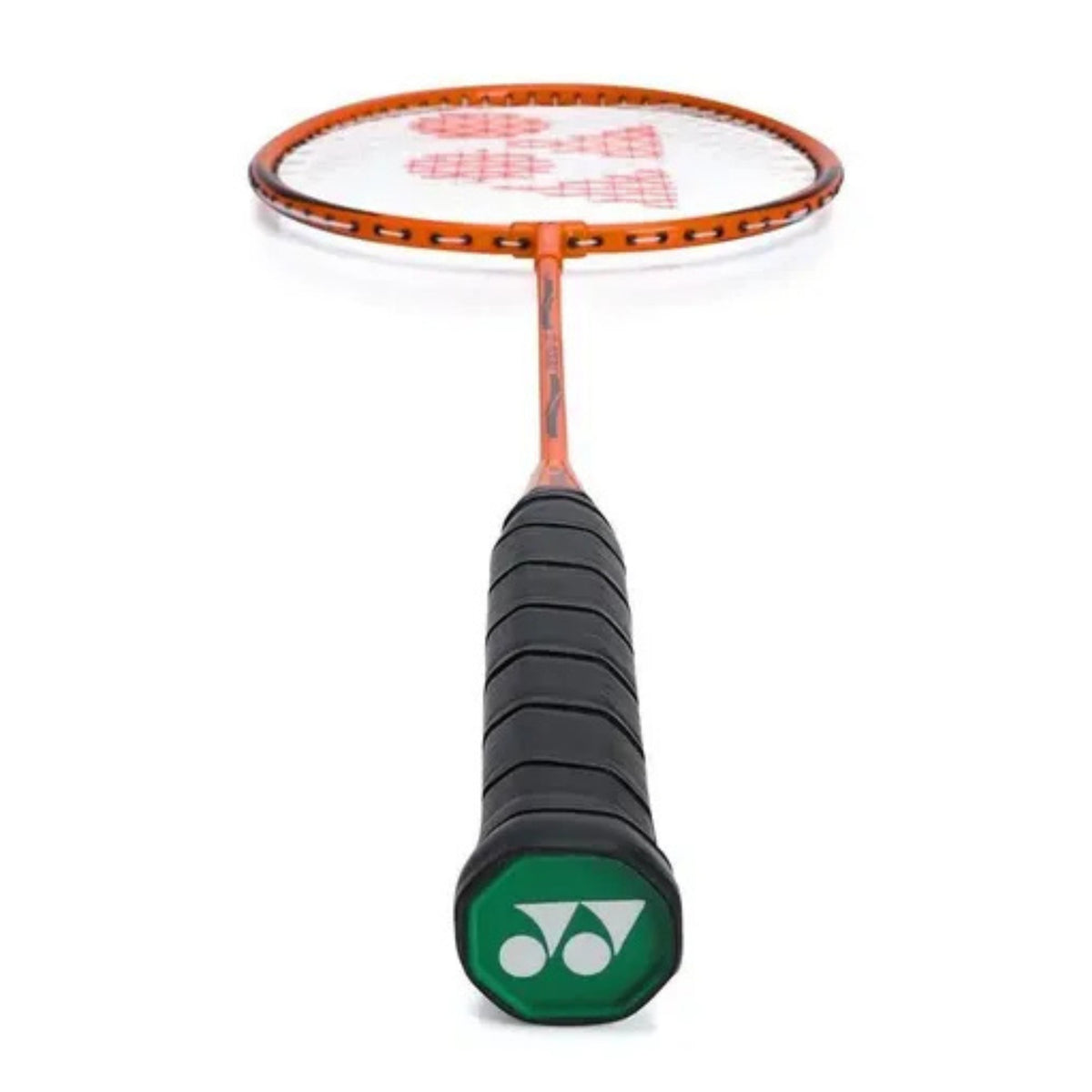 Orange Badminton racket with a black handle and orange frame on a white background