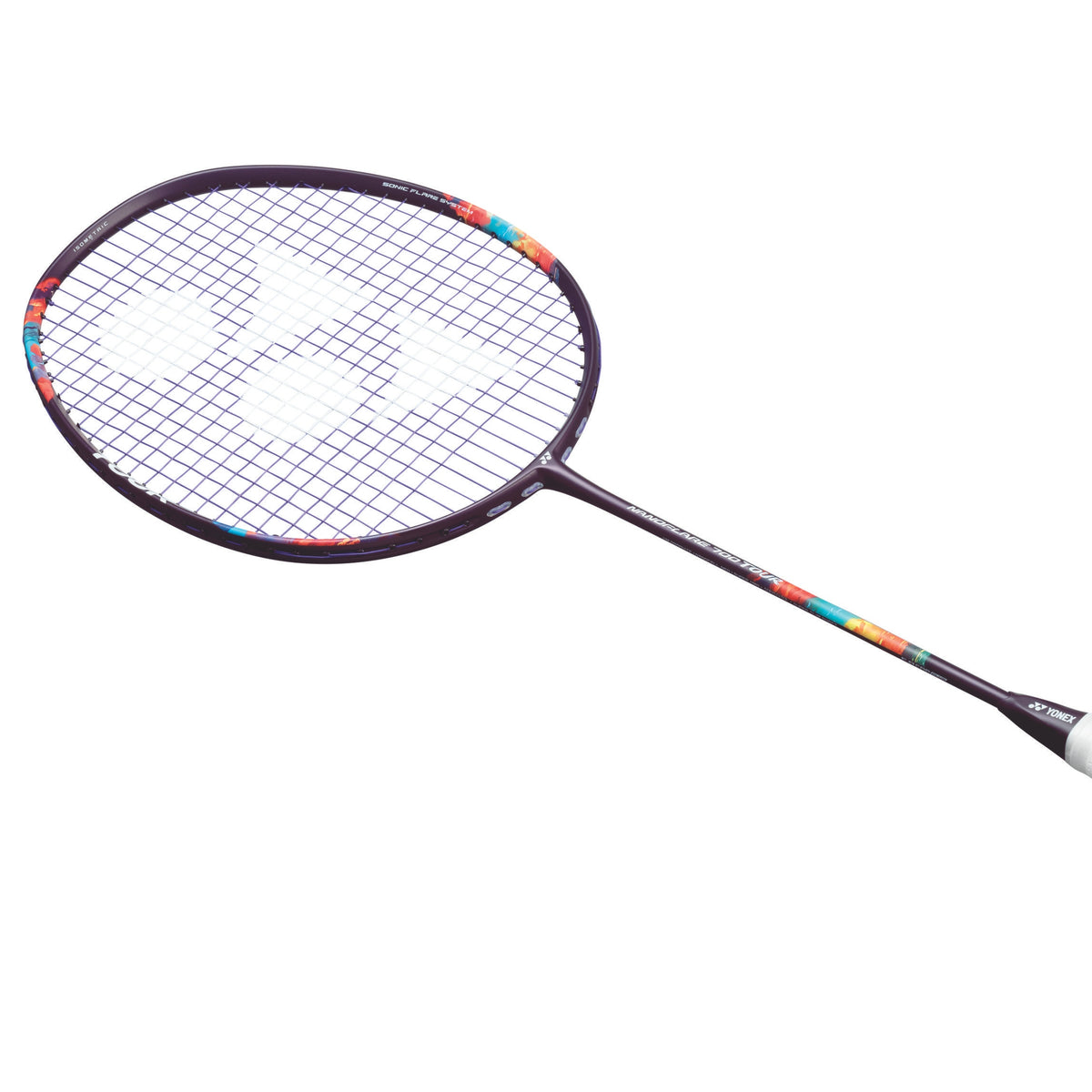 Badminton racket with colorful frame on a white background