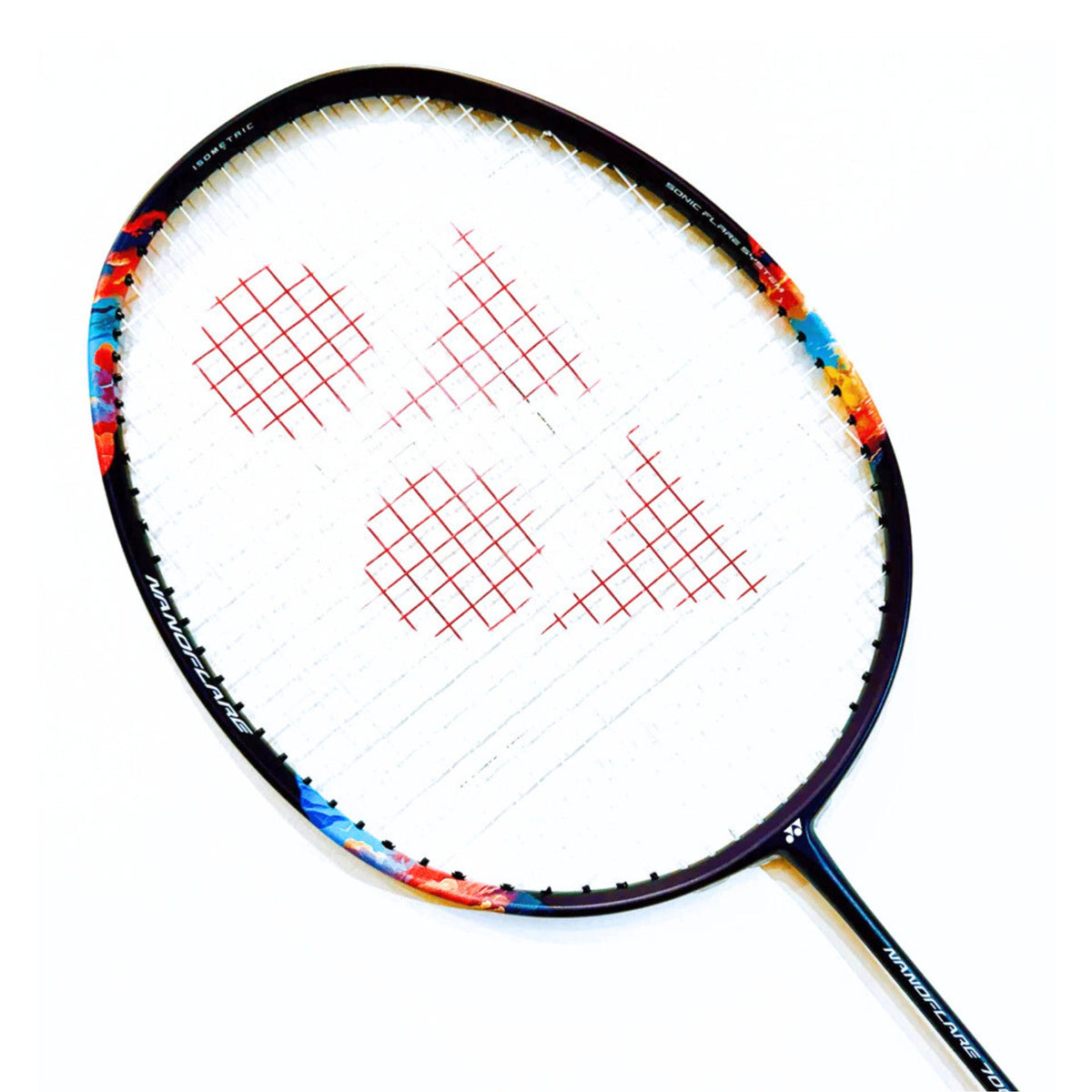 Badminton racket with colorful frame and white strings on a white background