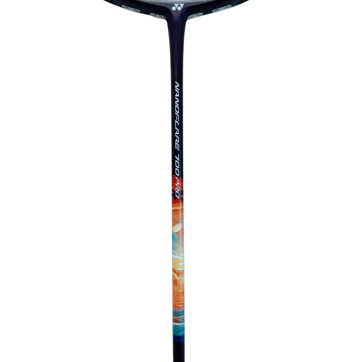 Badminton racket with colorful design on a white background