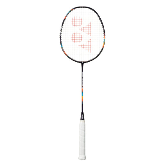 Badminton racket with a white handle on a white background